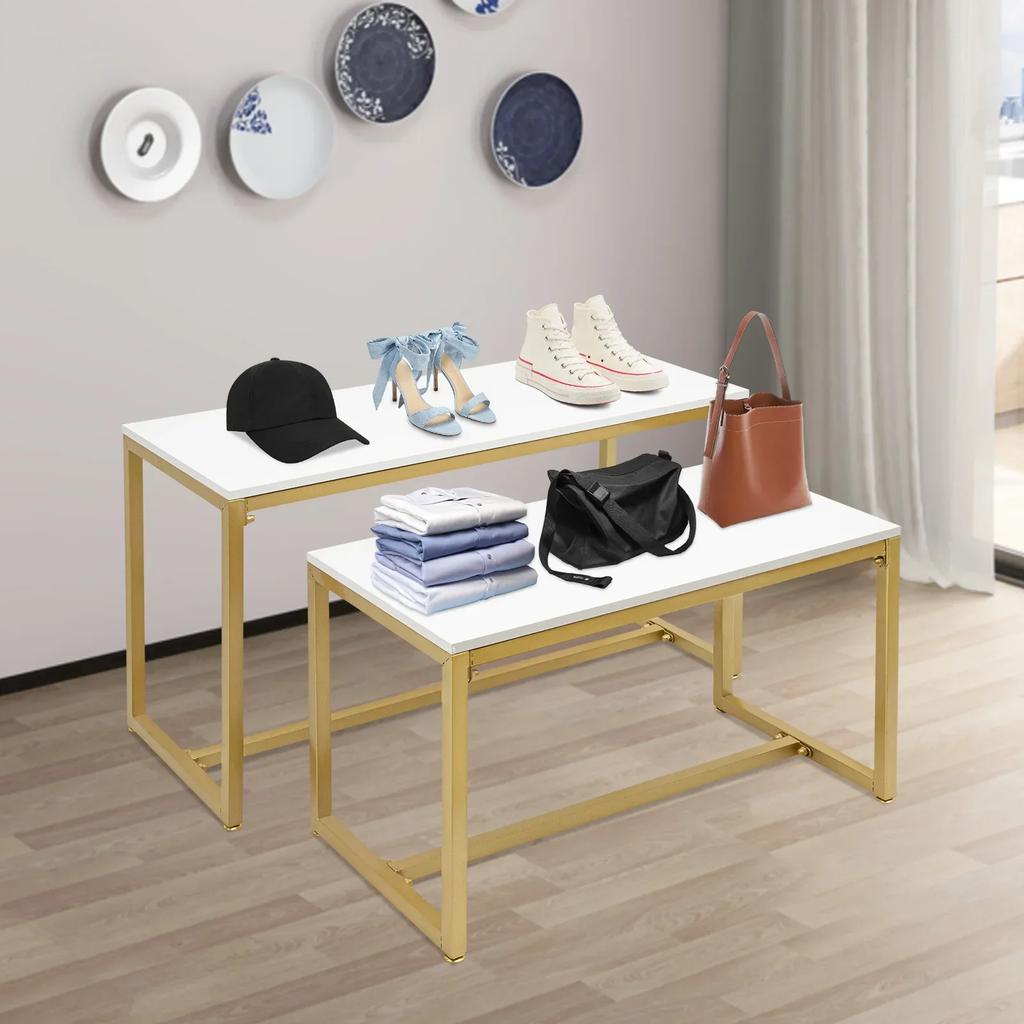 Bymaocar 50kg Bearing Capacity Metal Shoe Handbag Display Stand, 2-layer White Gold Heavy-duty Retail Store Hotel Display Stand