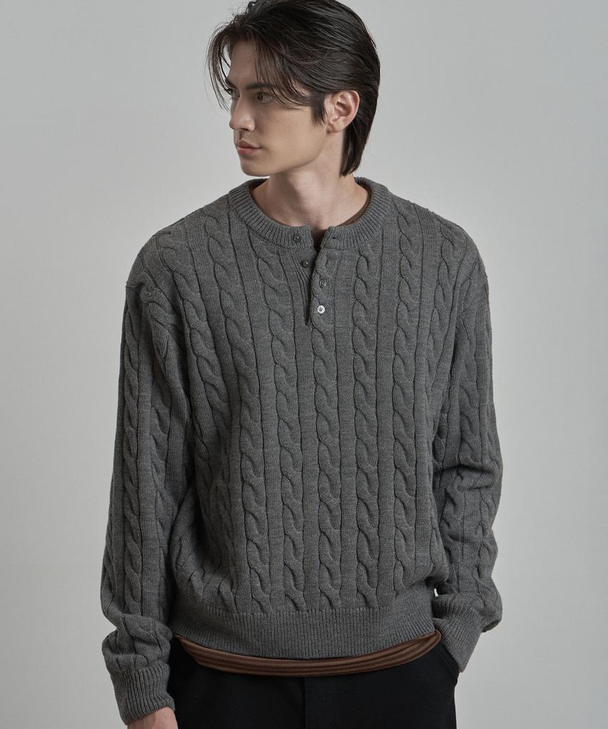 WORK ON BODY OFF Tord Semi-Overfit Cable Henley Neck Knit [Gray]