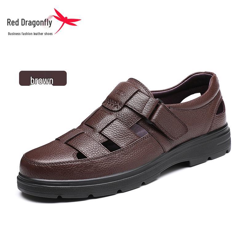 Men s Red Dragonfly Closed-Toe Leather Sandals - Breathable, Perforated Summer Shoes for Middle-Aged & Elderly Dads. 43 коричневый