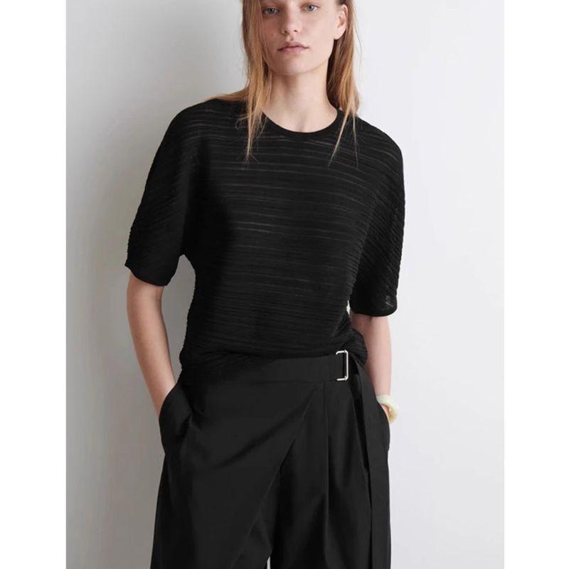 CS Summer New Product Women's Clothes Minimalist Round Neck Short Sleeve Casual Version Stripes Blended Knitting T-shirt 1277630