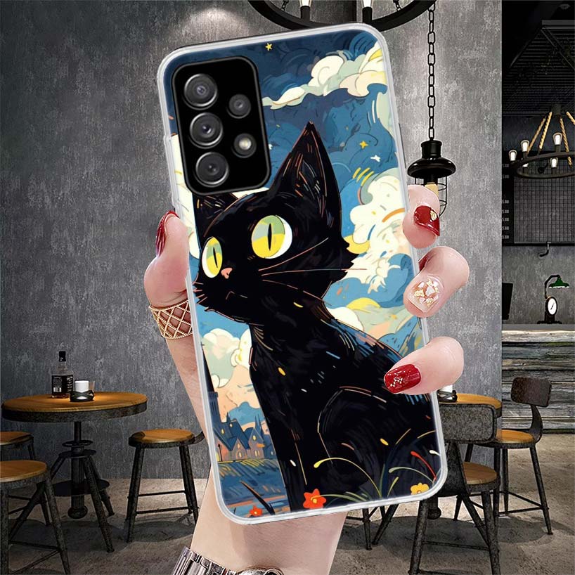 Anime Cute Black Cat Meow Phone Case For Samsung Galaxy A13 A14 A15 A16 A17 A53 A54 A55 A56 A57 A33 A34 A35 A36 A37 A23 A24 A25