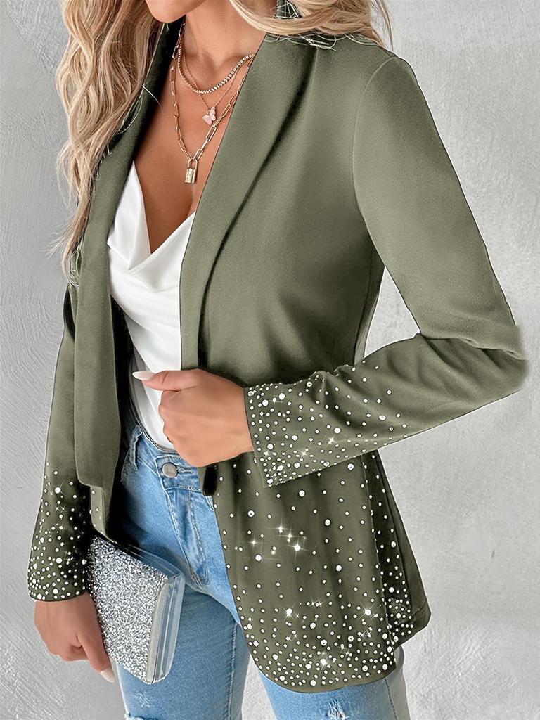 European & American Style Women's Solid Color Rhinestone Long Sleeve Cardigan