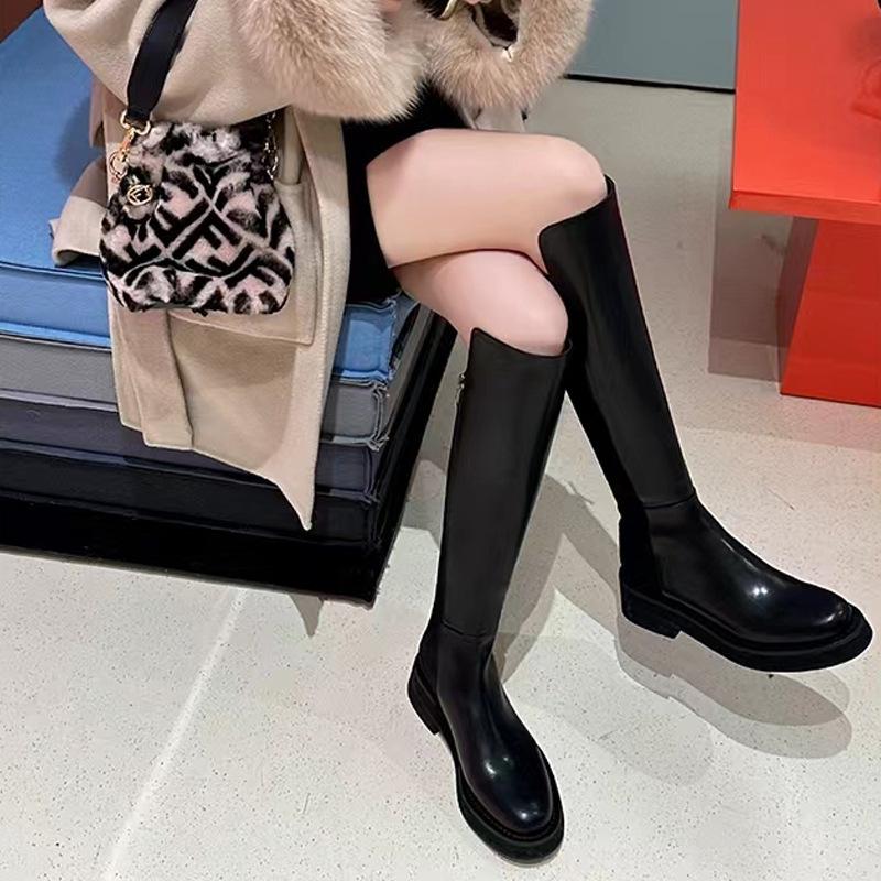2024 Fall/Winter Women's Real Leather Elastic Knight Boots - Thick-Soled, Small-Sized, Knee-High