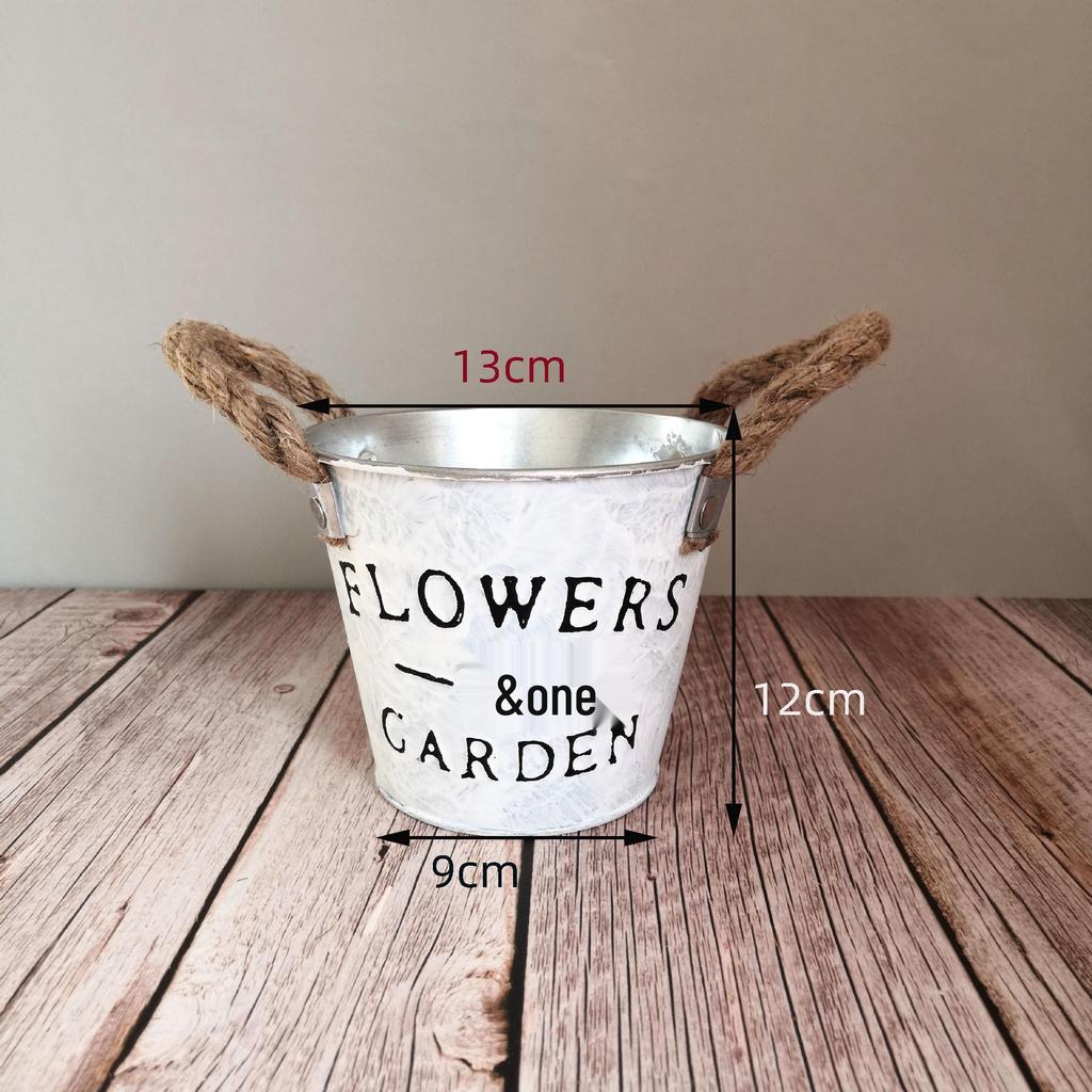 Tin Flower Pot with Hemp Rope Succulent Holder - European Pastoral Wrought Iron Bucket