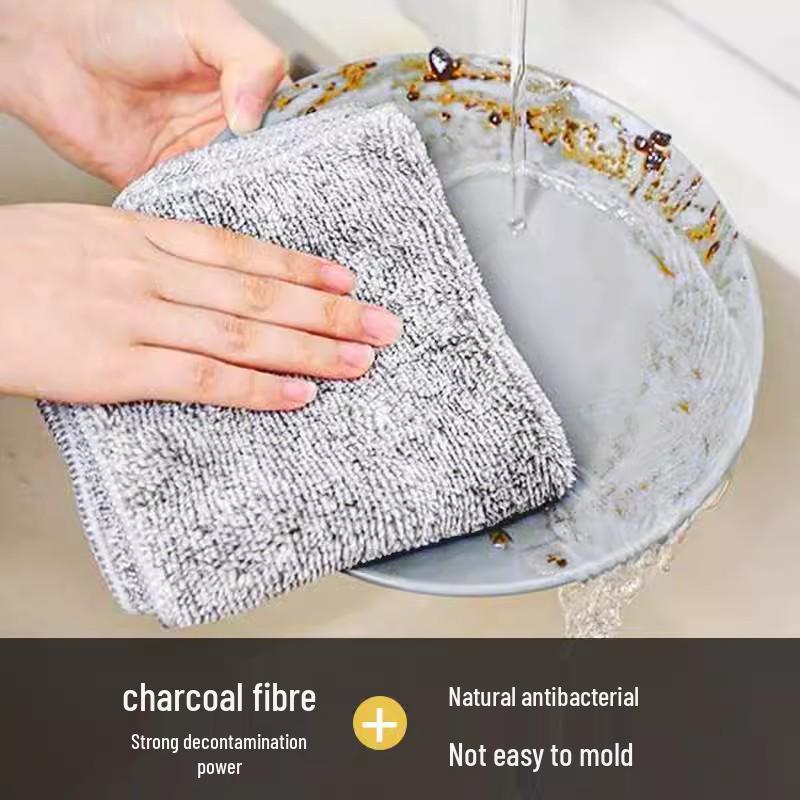 Thickened Bamboo Charcoal Dishcloth - Absorbent, Fine Fiber Dishwashing & Scouring Pad for Kitchen Oil Stains