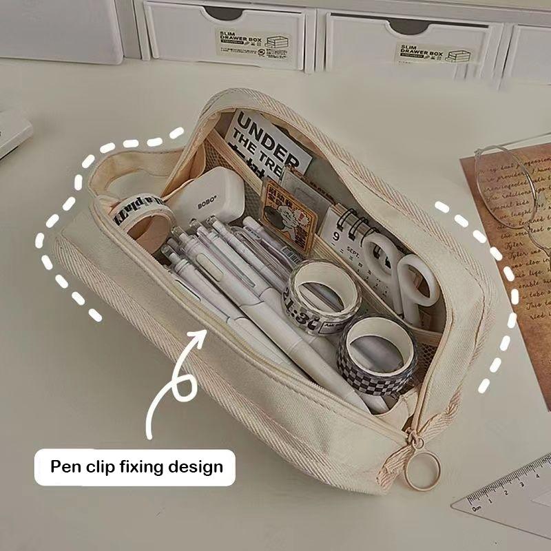 Simplicity Multifunctional Pencil Case Solid Color Canvas Pencil Bag High Capacity Stationery Storage Bag School Supplies