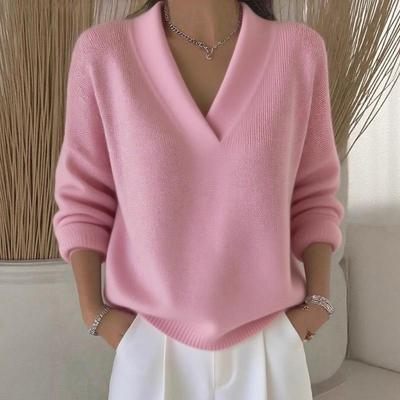 2026 Knitted V-neck Loose Sweater Autumn and Winter New Solid Color Casual Fashion Women's Sweater
