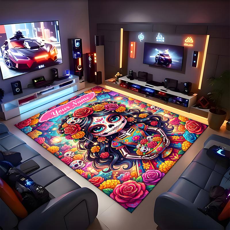 1PC Custom Name Day Dead Celebration Theme Floor Mat Ideal for Living Room, Game Rooms, Office, Bedroom,Floor Mat Playful Design
