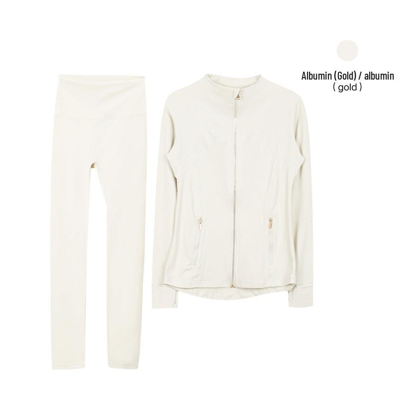Lulu Original Gold Zipper Stand Collar Jacket & Cropped Yoga Pants Set - Women's Long Sleeve Tight Sports Suit