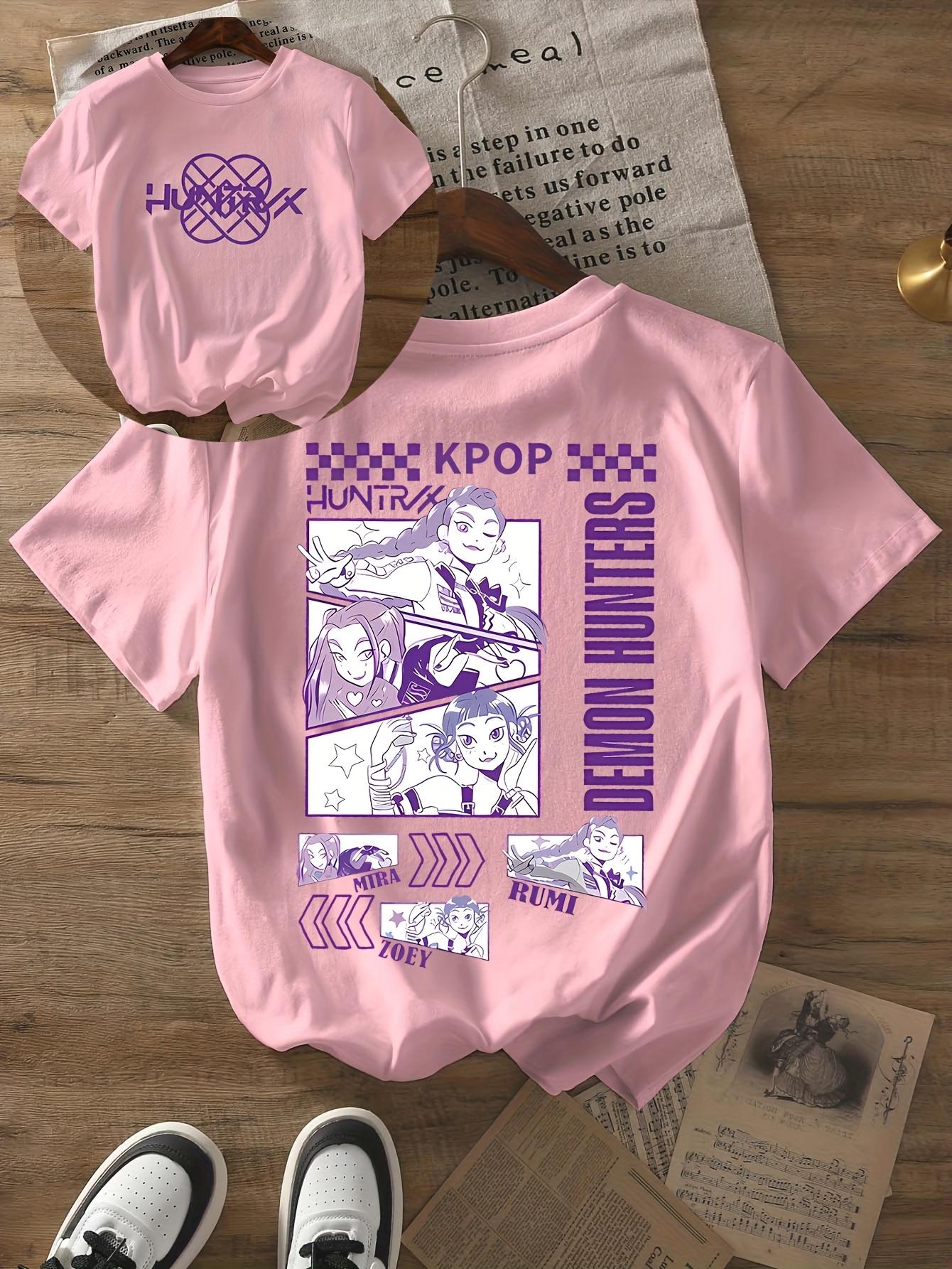 

Женская футболка с графикой Kpop Devil Hunter, белая, с фиолетовыми комикс-принтами, легкий топ с круглым вырезом для поклонников корейских дорам и аниме S