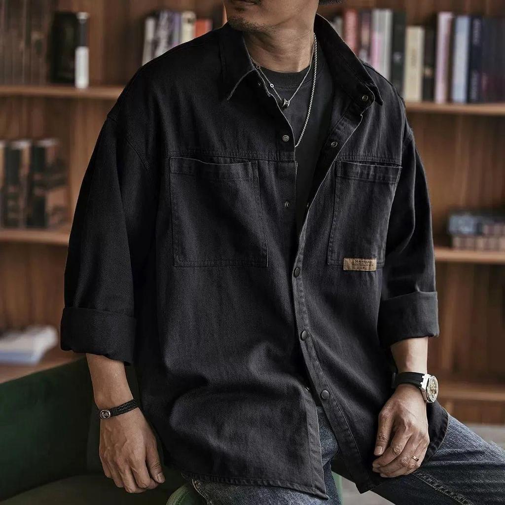 Men's Casual Solid Color Lapel Work Shirt Jacket - Oversized for Spring and Autumn