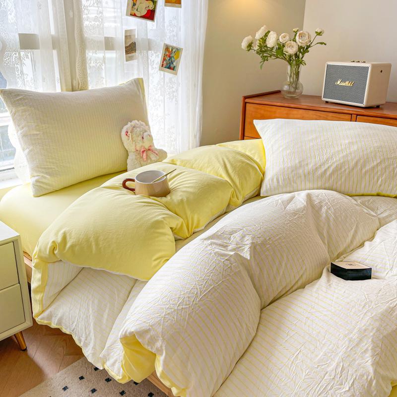 Minimalist Washed Cotton Bedding Set: Three-Piece for Dorm Beds, Includes Sheet, Duvet Cover, and Four Pillowcases