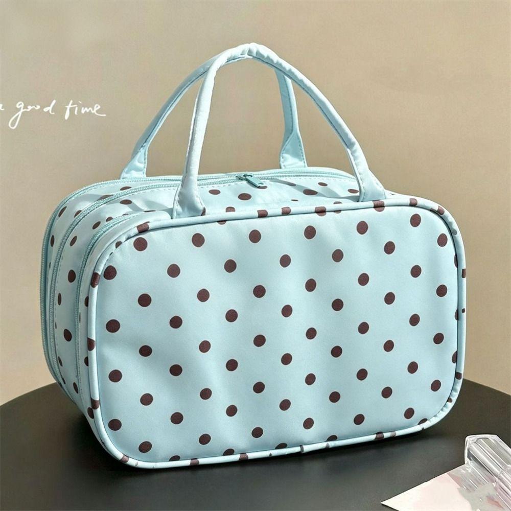 Polka Dot Pu Cosmetic Bag Three Layer Partition Toiletry Organizer Bag Travel Tote  Business