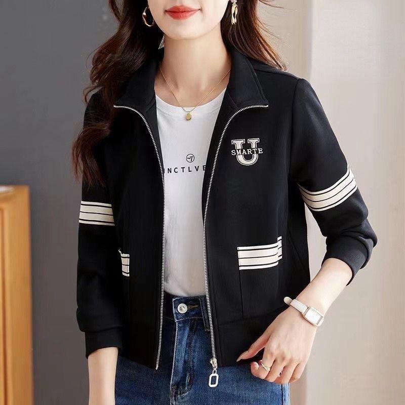 

Мода весна осень женщины воротник стойка карман молния контрастный цвет вышивка повседневный длинный рукав кардиган толстовки топы S