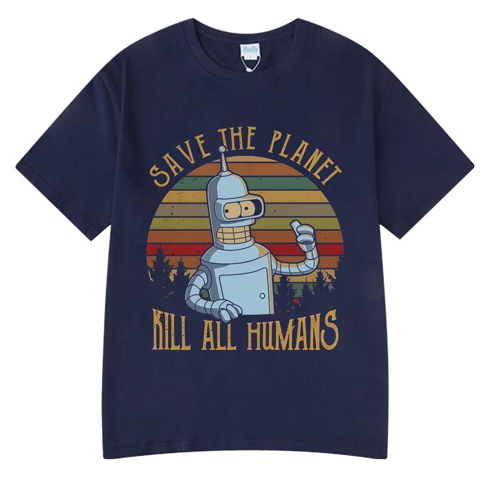 Save The Planet Kill All Humans Funny Robot Graphic T Shirt Men Women Clothing Short Sleeve T-shirts Oversized Cotton Shirts