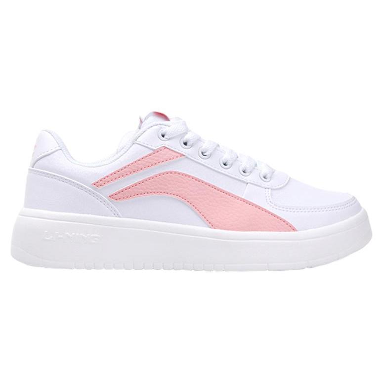 Li Ning Synthetic Leather Low Top Slip Resistant Abrasion Resistant Skateboard Shoes Women's White Pink AGCR470-4