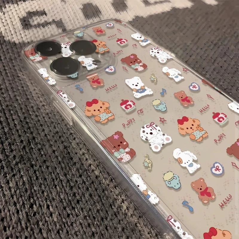 Cute Kawaii Cartoon Bear Puppy Clear Phone Case, Soft Pastel Aesthetic Shockproof Protective Cover for iPhone