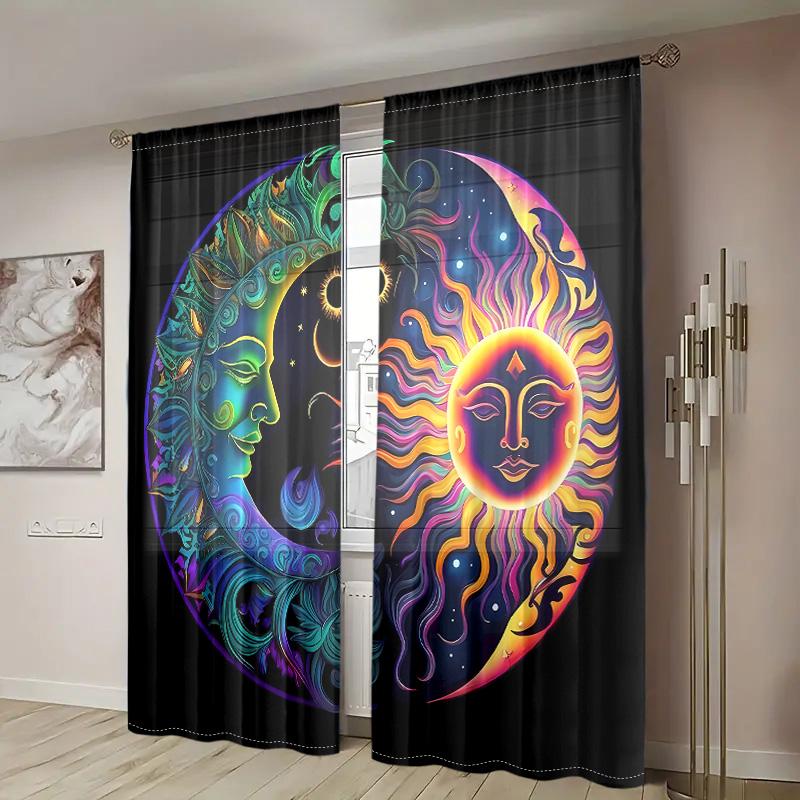 2 Pieces, Semi Transparent Curtains with Sun and Moon Patterns - Easy To Hang - Used for Living Room, Bedroom, Home Decoration