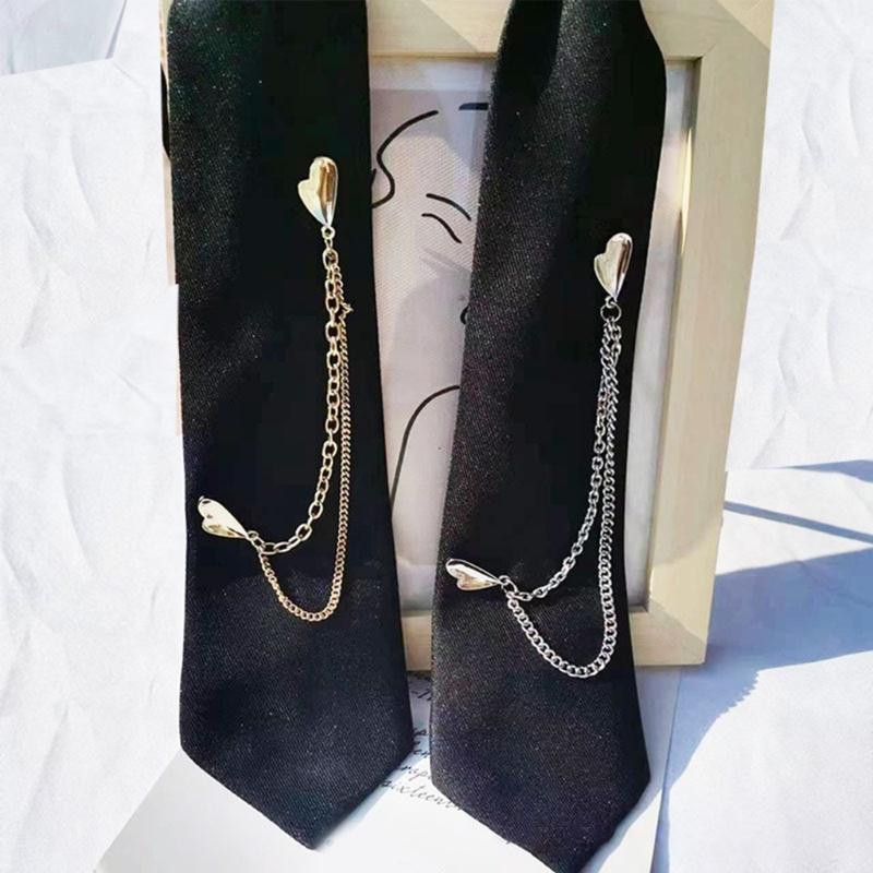 Japanese Punk Necktie Double Heart Chain Neck Tie Student Uniform Adjustable Pre Tied Neck Tie Shirt Collar Neckwear
