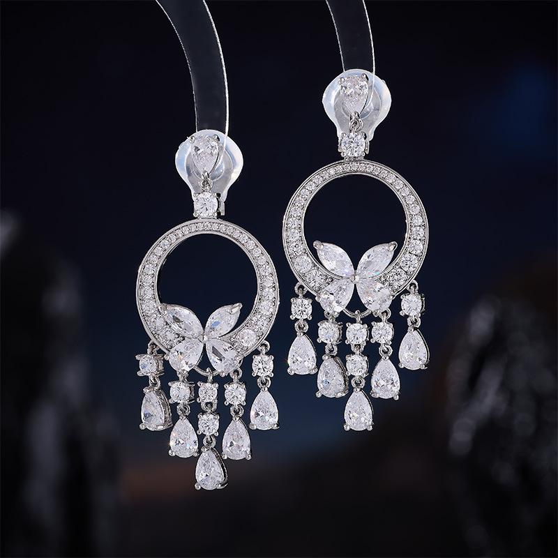 High-end Micro-inlaid Zircon Green Butterfly Fringed Heavy Industry Earrings French Light Luxury Dress Accessories