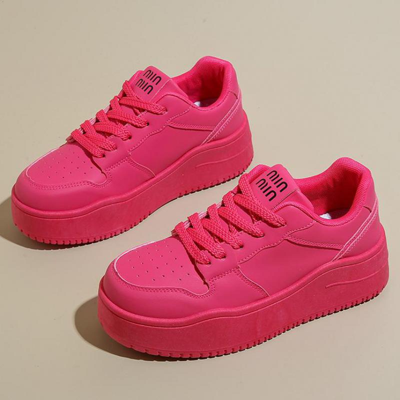 Fashion Autumn Leather Pink Platform Sneakers Thick Sole Chunky Shoes Women 2024 Slip On Lace-up Fashion Casual Outdoors Walking Shoes