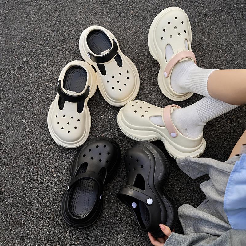 Height-increasing Thick-soled Hole Shoes for Women, Non-smelly Feet, Non-slip Beach Bag Head Slippers, Fashionable Versatile Cool Slippers