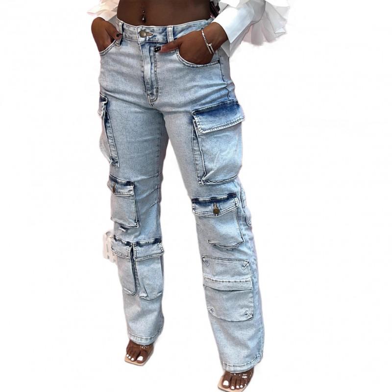 Womens High-Waisted Stretch Denim Pants With Multiple Pockets Streetwear Loose Fit Jean 2025