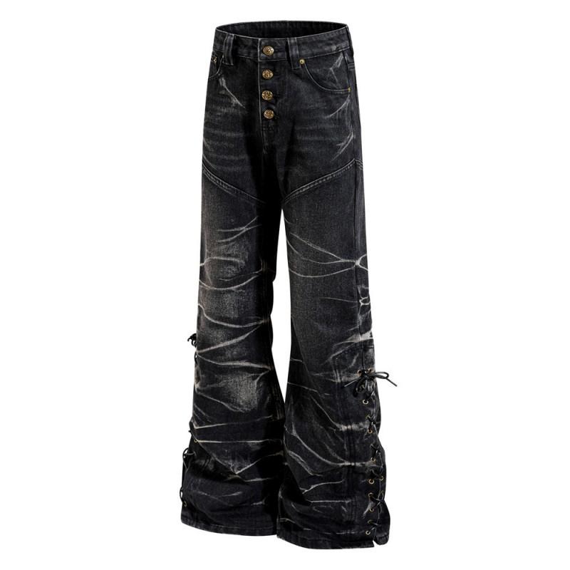 Mens Flared Denim Pants Punk Style Washed Distressed Jeans Button Fly Casual Trousers