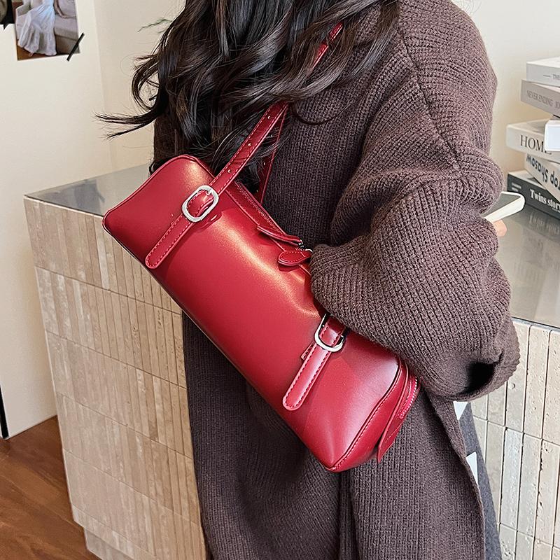 Large Capacity Bowling Shoulder Bag For Women French Style Fashion Underarm Handbag Solid Pu Leather Tote Red Purse Armpit Bag