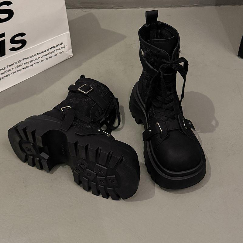 Leder-Denim-Plateau-Martin-Stiefel im europäischen Stil - Damen 2025 Neue höhenverlängernde Motorrad-Kurzstiefel, kleine Größen