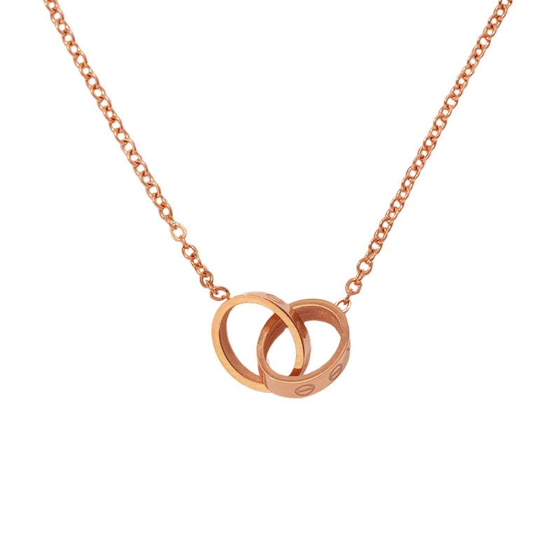

Rose Gold Double Ring Pendant Necklace – European & American Fashion, Titanium Steel Clavicle Chain розового золота