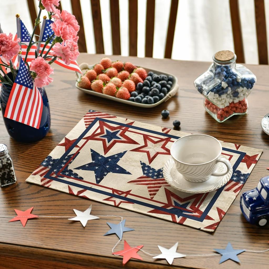 Stars Stripes Patriotic 4th of July Placemats Set of 4, 12x18 Inch Memorial Day Table Mats for Party Kitchen Dining Decoration Beige