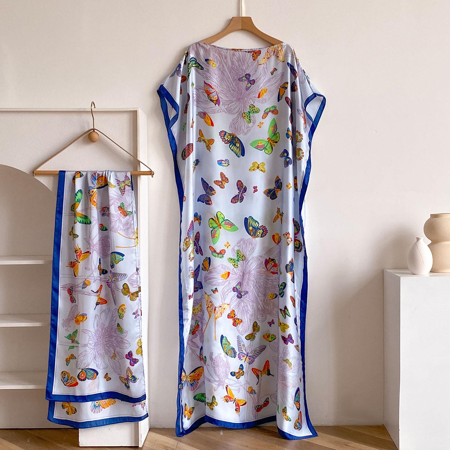 Mode Blumenmuster Satin Design Langes Kleid Übergröße Berühmt Locker Sommer Sonnenschutz Schal Für Dame/Frauen gray