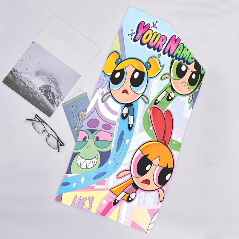 1pc Powerpuff Beach Towel with Custom Name, Beach and Seaside Swimming Pool Equipment, Fashion Pattern, Rectangular, Travel Essential