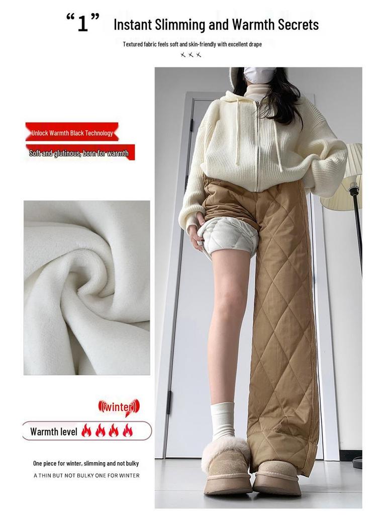 Women's Thick Fleece-Lined Patchwork Wide-Leg Winter Pants