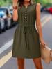 European Women's Elegant Solid Color Button V-Neck Dress