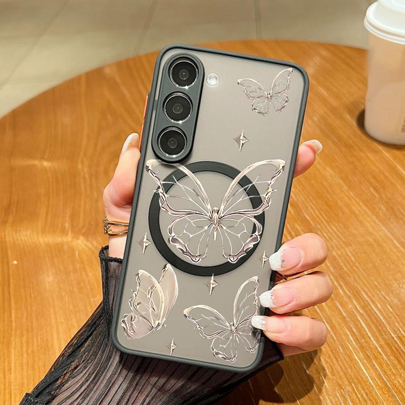 Blue Butterfly Pattern Magnetic Phone Case For Samsung Galaxy A37 A17 A56 A36 A55 A35 A26 A16 A25 A15 A54 A14 A34 Acrylic Cover