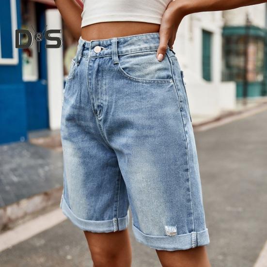Καλοκαιρινά Γυναικεία Τζιν Σορτς Μήκους Μέχρι το Γόνατο Με Μέση που Φτάνει Μέχρι τη Μέση Ελαστικά Καθημερινά Φαρδιά Ίσια Πόδια Ξεβαμμένα με Μανσέτες Τζιν Σορτς Παντελόνια με Τσέπες