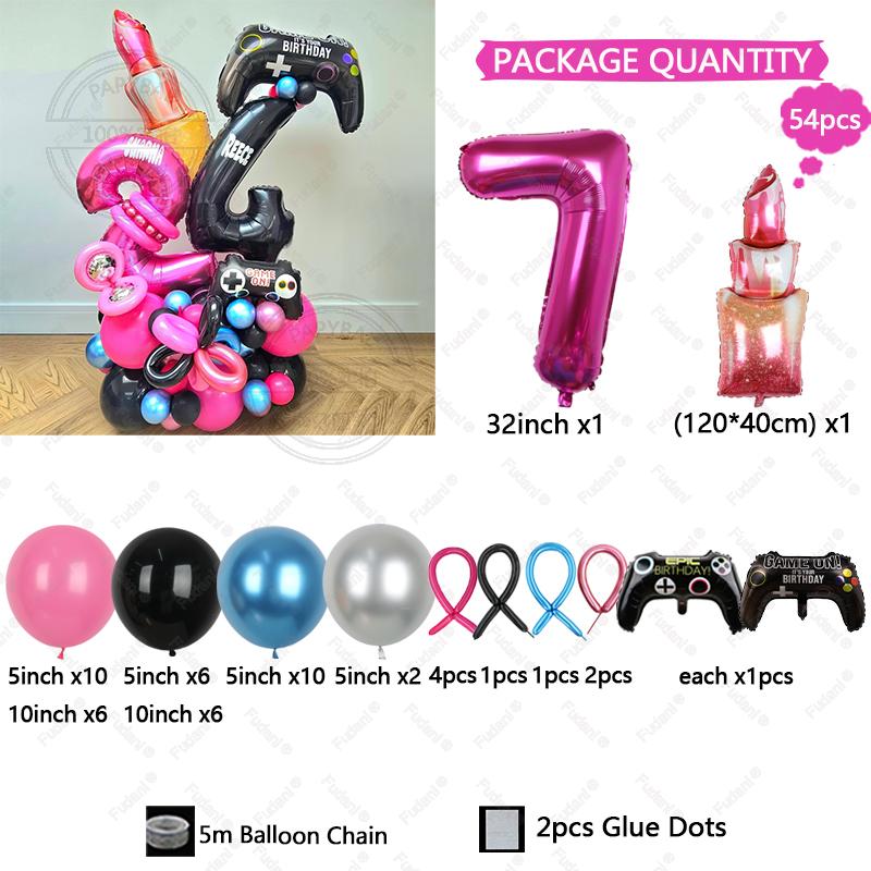 54pcs Red Lips Game Control Handle Black 1-9 Foil Digital Balloons Childrens Birthday Toys Party Decor Game Theme Party Supplies