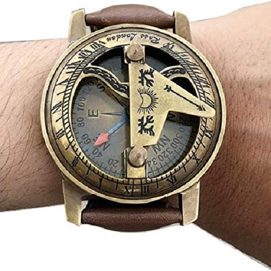 

Наручные часы с компасом, навигационными, латунными солнечными часами и кожаным ремешком