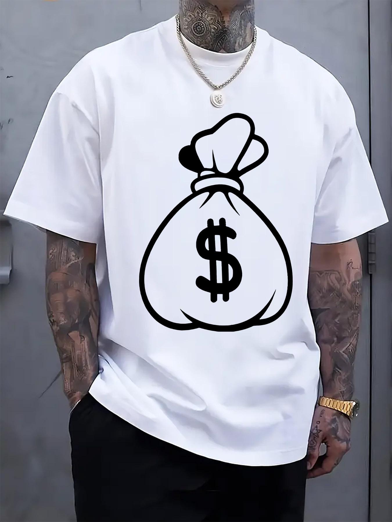 Casual Graphic T-shirt with Dollar Money Bag Print - Black Crew Neck Short Sleeve Tee for Summer S