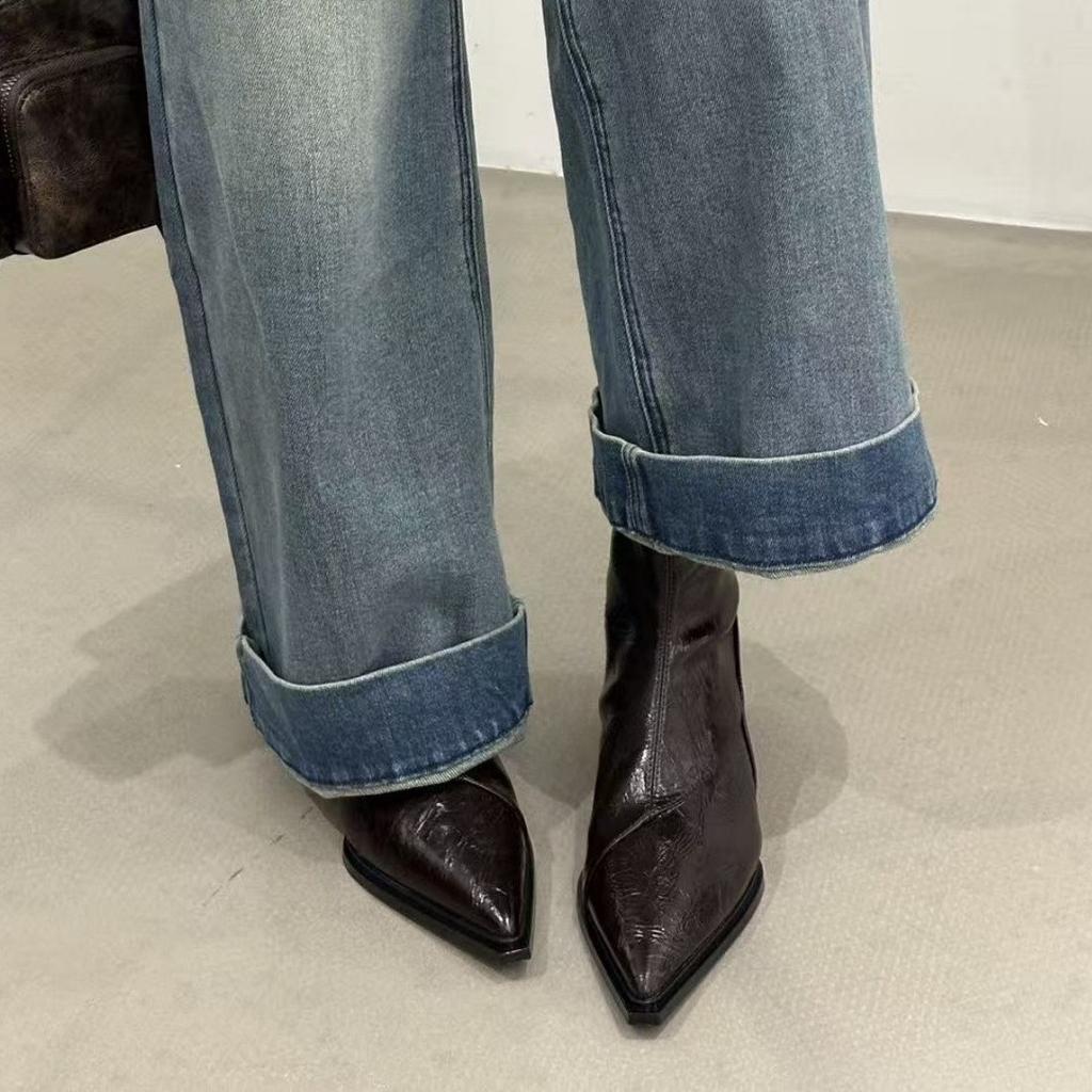 French thick heel pointed short boots women's autumn and winter thin boots middle heel rear zipper retro splicing and ankle boots