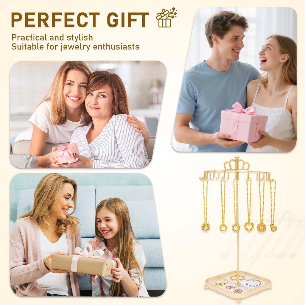 Rotating Necklace Holder Stand 360° Rotation Iron Necklace Organizer Stand with Acrylic Tray and 18 Hooks Jewelry Display Stand
