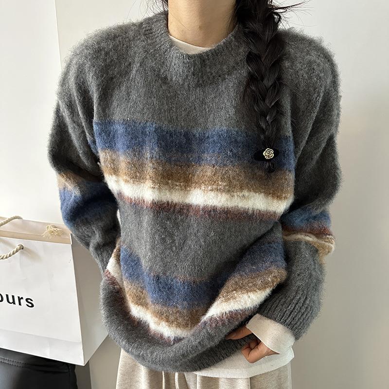 Round Neck Mohair Gradient Striped Sweater Women's Autumn and Winter New Lazy Style Mid-length Loose Knitted Top