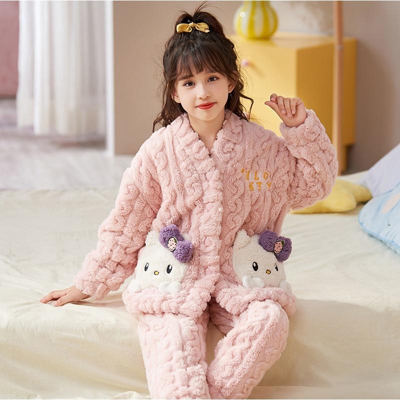 Kids Flannel Pajamas Set Boys Girls Warm Long Sleeve Top And Pants Sleepwear Winter Home Nightwear
