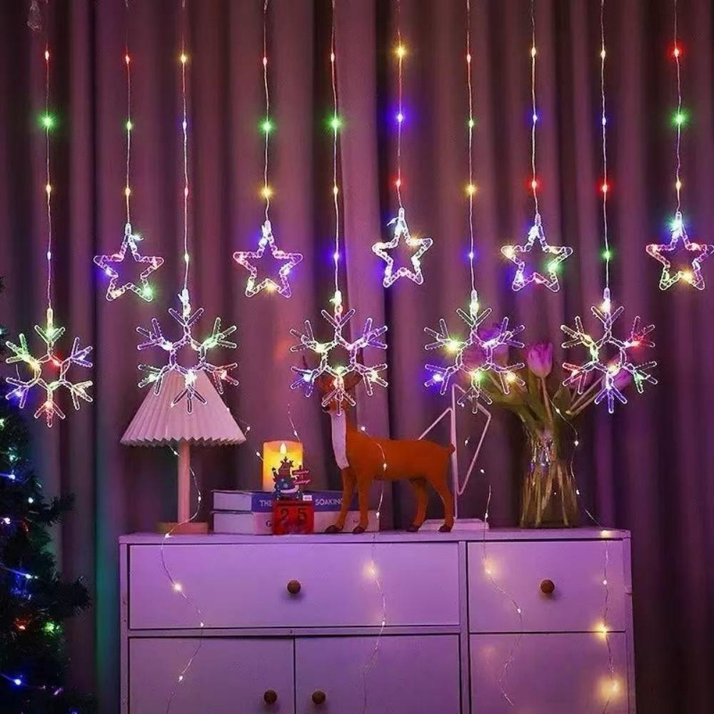 LED Star Moon Window Curtain Lights with USB Remote Control Christmas Five-Point Star Moon Snowflake String Lights