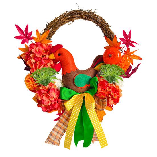 Thanksgiving Turkey Wreath for Front Door Autumn Artificial Wreath with Maple Leaves Pumpkin And Hydrangeas for Home Porch Thanksgiving Harvest Decor