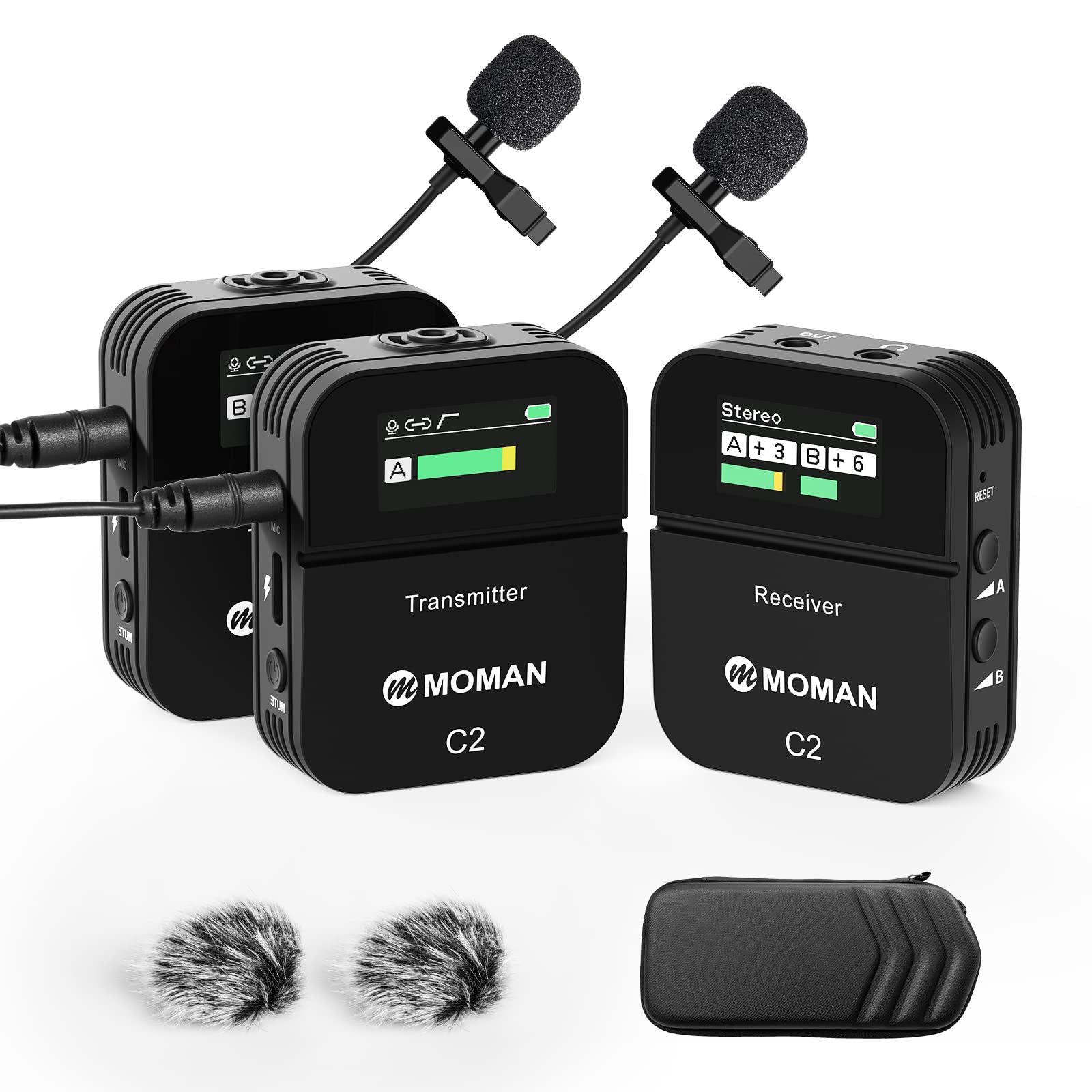 

Wireless microphone, MOMAN C2X Easy to operate Stable transmission even over long distances Volume adjustment Audio monitoring LCD included Wireless