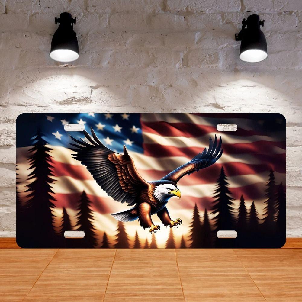 American Eagle with Spread Wings on US Flag and Forest Silhouette, Patriotic Nature Theme, Metal Wall Art Decor, 30x15 cm
