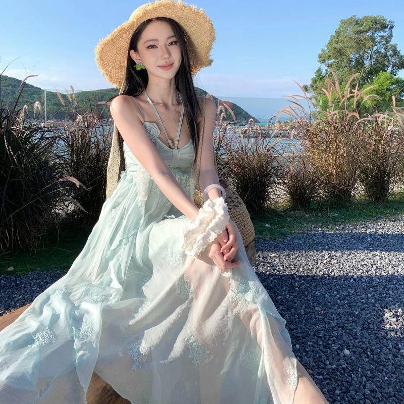 

Seaside Photo Suspender Dress Women s Vacation Temperament Long Dress Hanging Neck Lotus Leaf Edge Mint Green Suspender Skirt S мятный зеленый